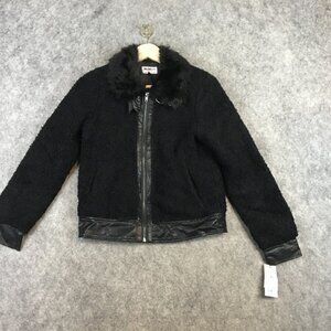 William Rast Jacket S Juniors Black Bomber Sherpa Faux Leather Fur Collar Zip